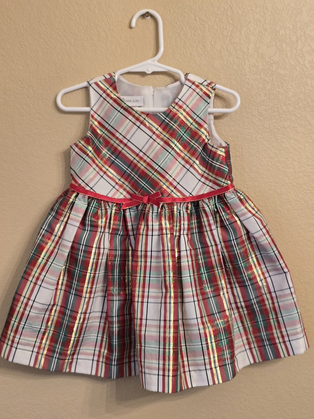 Bonnie Jean Red Plaid Holiday/ Christmas Dress with Satin Waist Bow